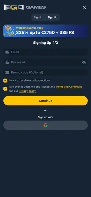 EgoGames: registrační formulář v angličtině